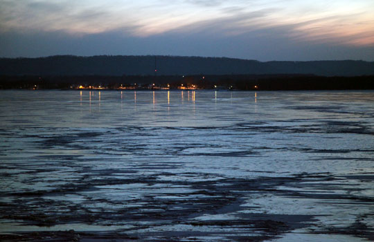 Lake City lights on frozen Lake Pepin.